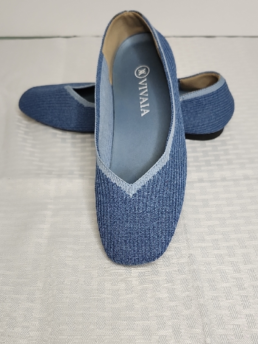 Vivaia Margot Ballet Flats Blue Knit Square Toe Minimalist Shoe